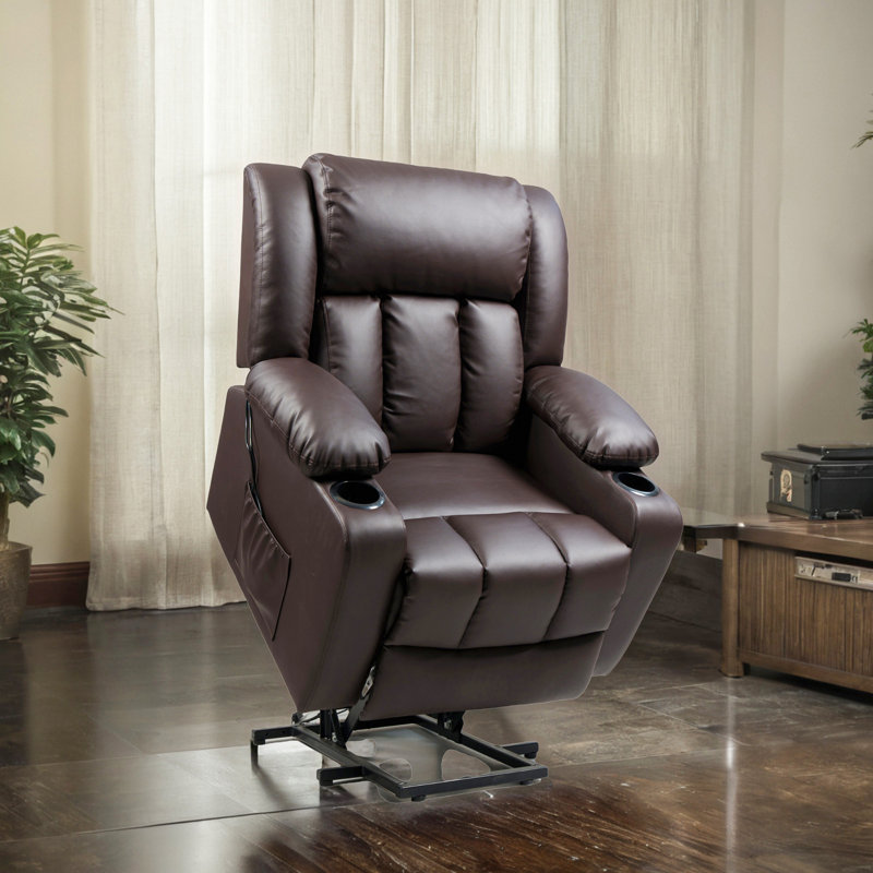 Pu Leather Power Lift Recliner Chair For Elderly, With Massage & Heat, Cup Holders, Side Pockets, Brown