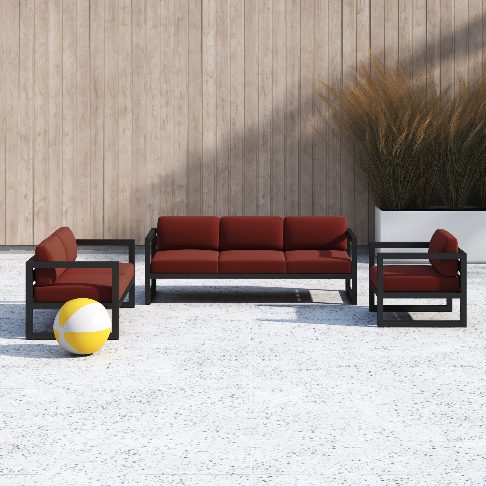 Smith 3 Piece Sofa Seating Group with Sunbrella® Cushions, Cast Silver, Black