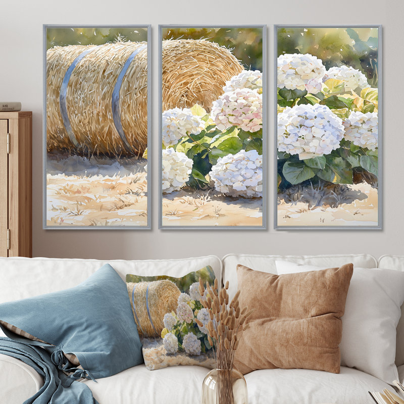 Hortensias dans la basse-cour I - art mural hortensias - ensemble de 3, H 28 po x l 36 po, Argent argent