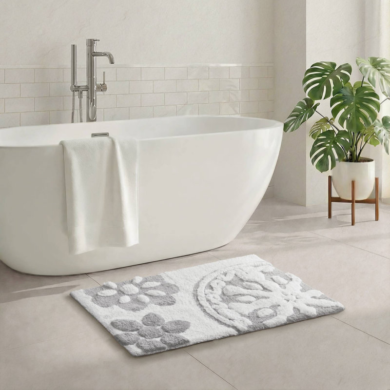 Tapis de bain doux en coton doux et médaillon style moderne gris-blanc 20 x 30