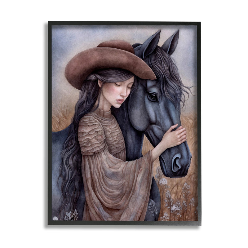 ba-423 - Cadre encadré, "La fille avec un étalon noir" par The Dutch Lady, H 30 po x l 24 po x P 1,5 po