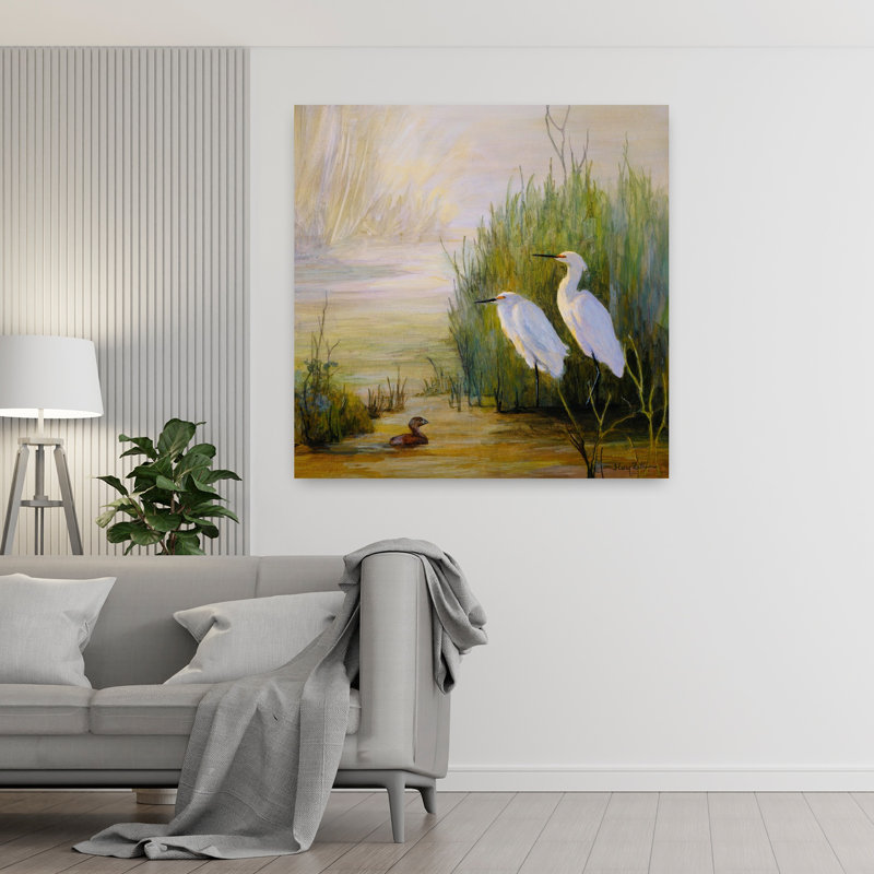 Aigrettes et grèbes, art de la faune côtière, H 48 po x l 48 po