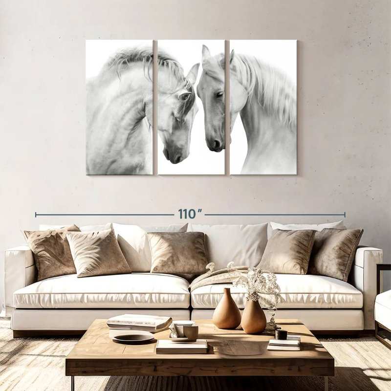 Couple de chevaux blancs sur toile, ensemble de 3 pièces, H 48 po x l 74 po x P 1,25 po