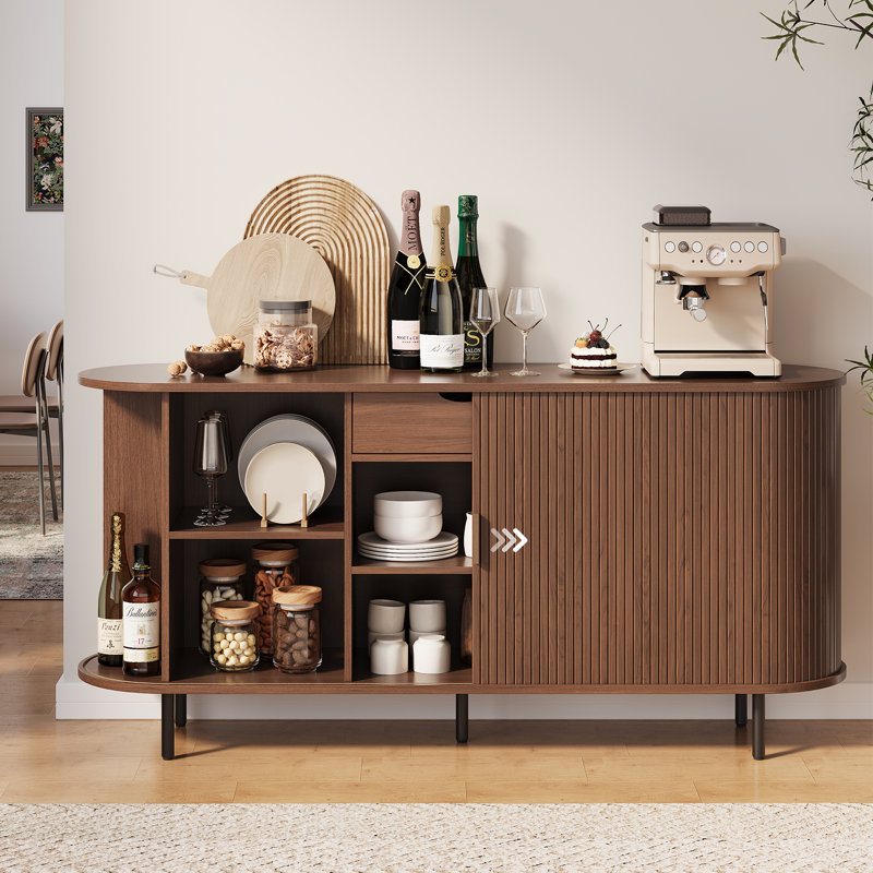 63" Sideboard Buffet Cabinet With Large Drawer, Storage Buffet With Tambour Sliding Door & Adjustable Shelf, Walnut