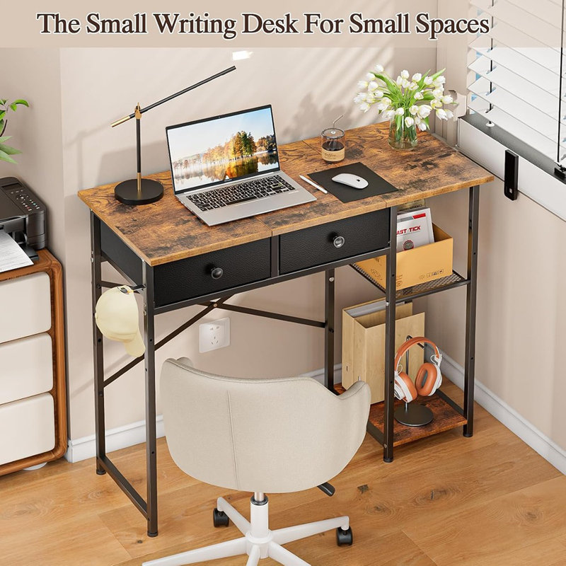 Petit bureau d'ordinateur, bureau d'écriture de 36 pouces avec tiroirs et tablettes de rangement, bureau d'écriture pour petits espaces, chambre à coucher, salon, dortoir, brun rustique