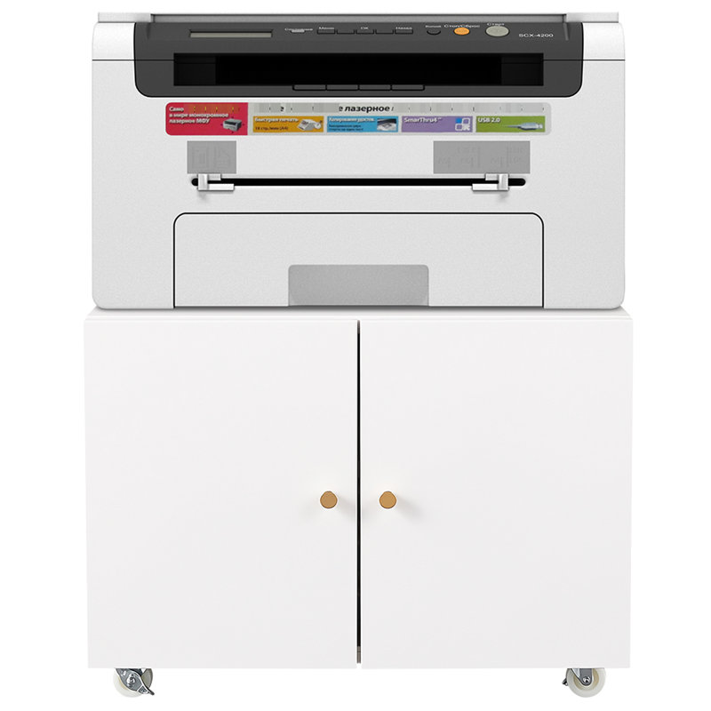 Classeur de bureau blanc: 2 portes en acier avec 4 roulettes mobiles et support pour imprimante à surface lisse: finition blanche universelle