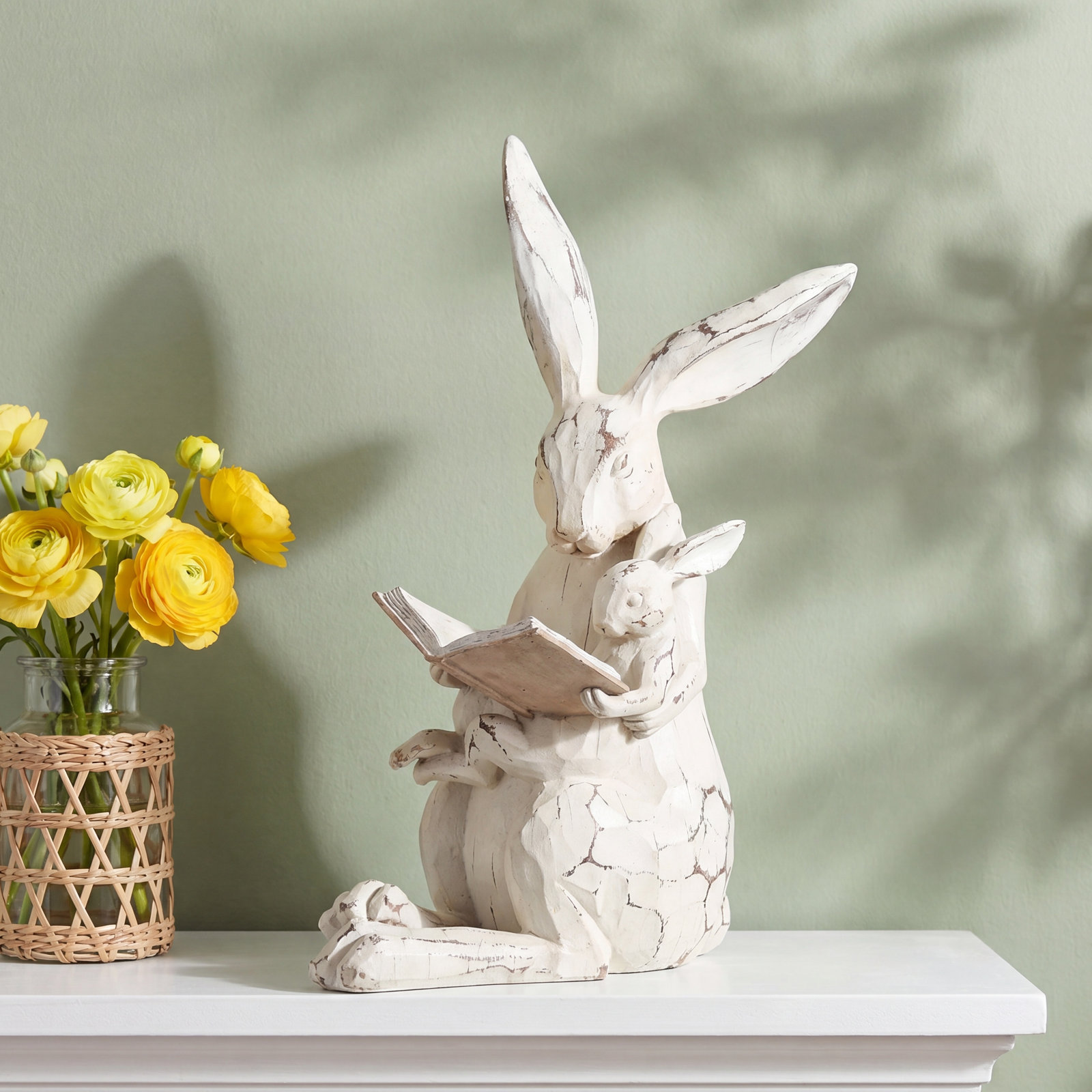 Carved Bunny and Baby with Book Figurine