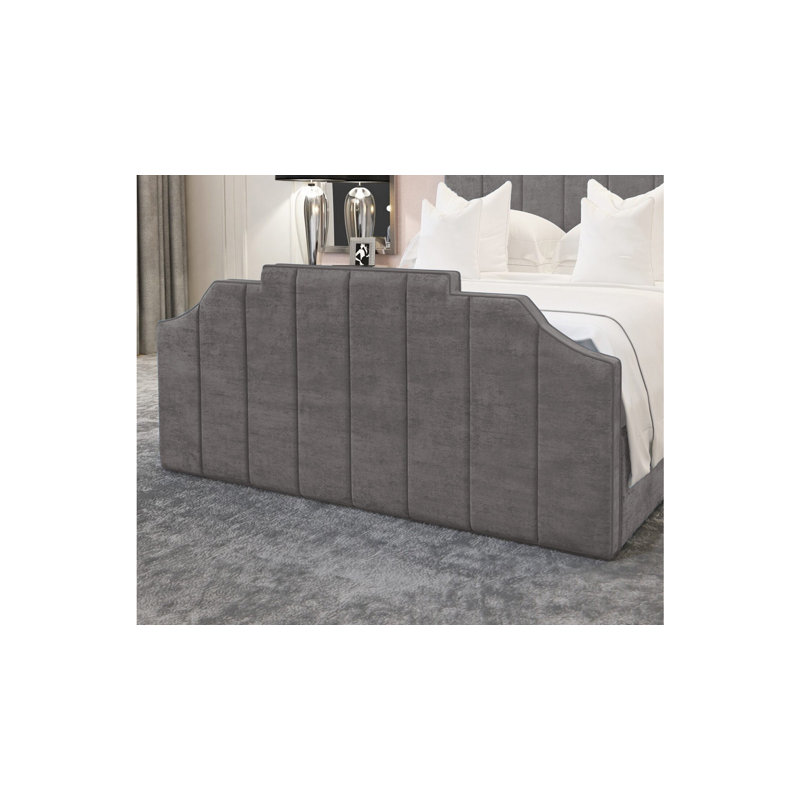 Annalei Regal Velvet Upholstered Bed Frame - Shaped Headboard, Chrome Feet, Grey, Kingsize (5')