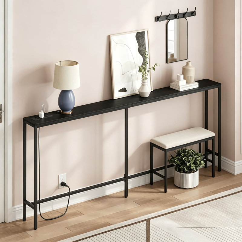Industrial Console Table With Built-In Power Outlet & USB Ports, Narrow Sofa Table For Behind Couch, Entryway, Hallway, And Living Room