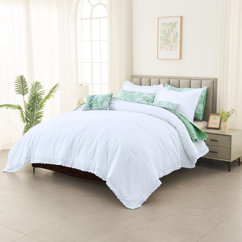 Elegant White Cotton Queen Comforter Set with Quilted Edges