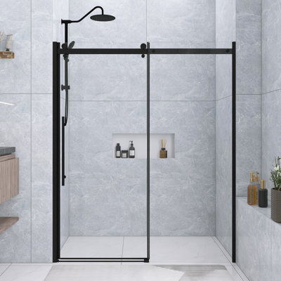 30 In. -60 In. W × 72 In. H Frameless Shower Door Single Sliding With 1/4 Thickclear Tempered Glass  In Matt Black   |  Zinc Roller Rail System|   Stainless Steel Handle