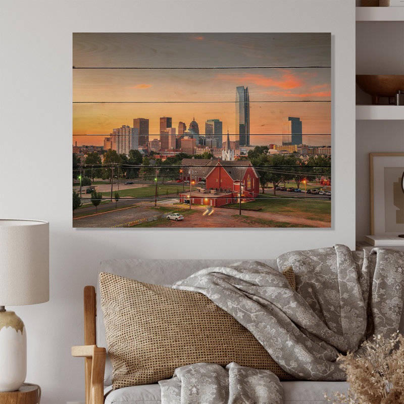 Oklahoma City, coucher de soleil sur bois, H 10 po x l 20 po x P 0,78 po