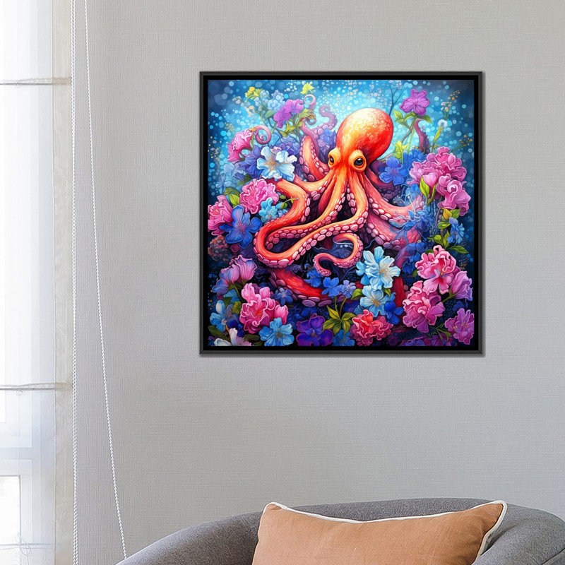 Octopus Garden, Toile avec cadre flottant noir, H 26 po x l 26 po x P 1,5 po