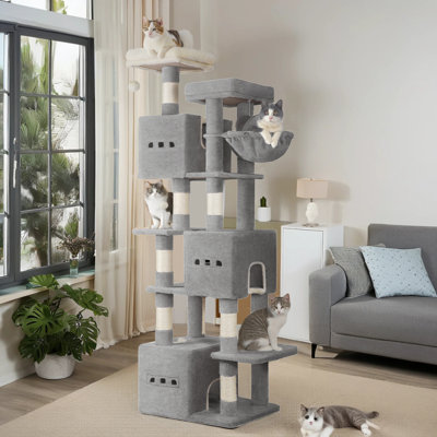 Arbre à chat 76 po, grande tour à chat pour chats d'intérieur, mobilier multi-niveaux avec 2 plateformes, 3 condos, 7 poteaux à griffes, 1 panier, 3 grottes, pompons, gris clair