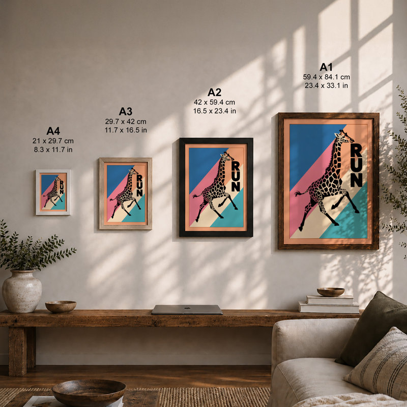 Giraffe Run Retro - Framed Print, Unframed, A1 - 84.1 x 59.4 cm