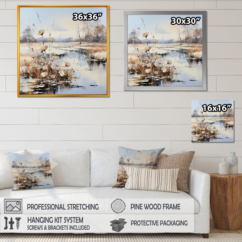 Charme de rivière en hiver, H 24 po x l 24 po x P 1 po, Cadre naturel flottant