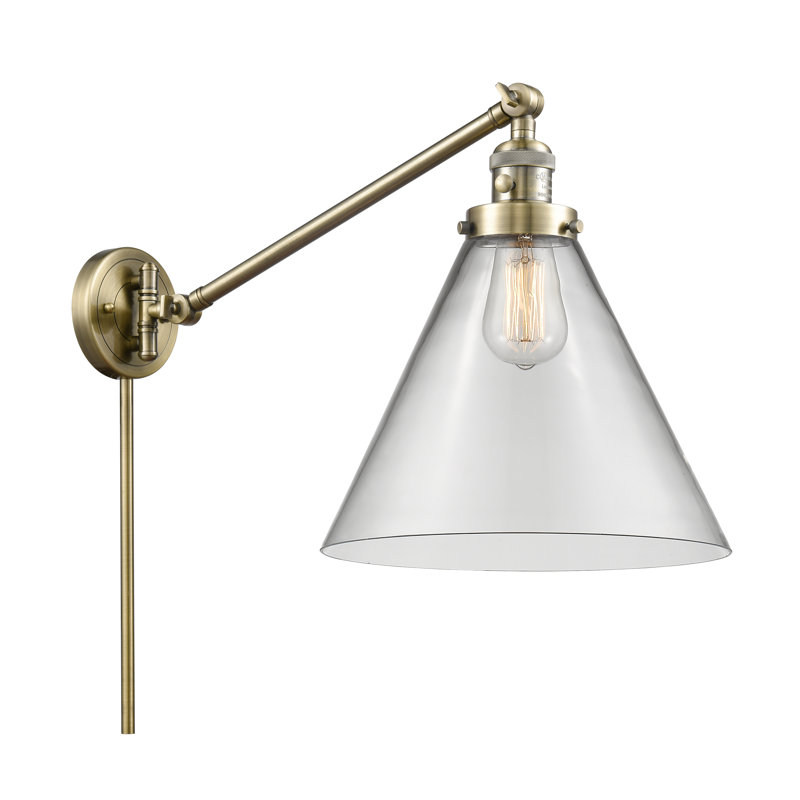 Lampe murale avec bras pivotant 1 lumière Cone, Laiton antique, Clair, Ampoule incandescente rétro 60 watts