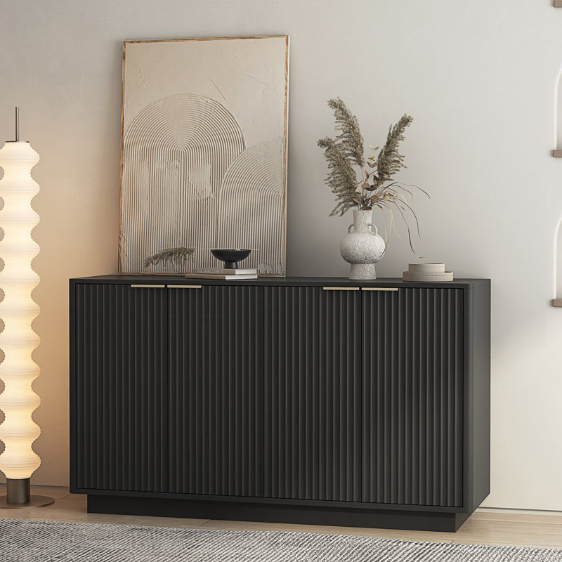 Modern Buffet Cabinet With Storage, Fluted Sideboard Large Buffet With Adjustable Shelves, Black