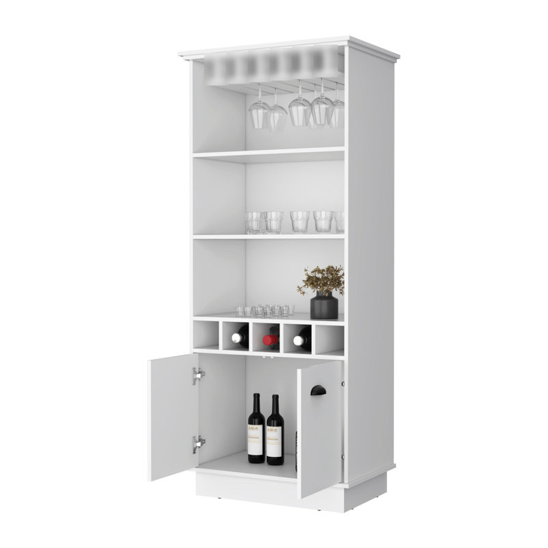 White Bar Cabinet With Efficient Bottle Arrangement - 3 Shelves, 5 , Glassware Holder Stylish Rack For Home Entertaining Structure