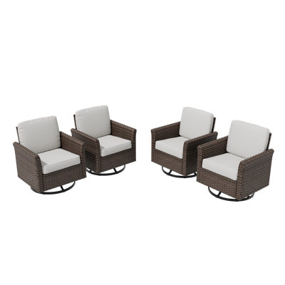 4 Piece Patio Swivel Glider Chairs Outdoor All-Weather Brown Wicker Curved Armchairs With Olefin Cushions