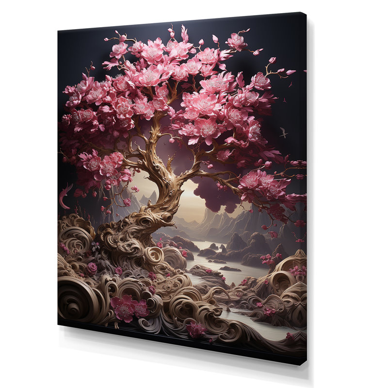 Orchidée rose jardin de branches III - art mural cerisier en fleurs, Toile tendue, H 32 po x l 24 po x P 1 po
