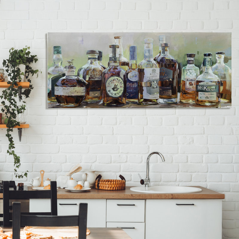 Toile rétro avec bouteilles de whisky, design par Marilyn Hageman, 20 x 48