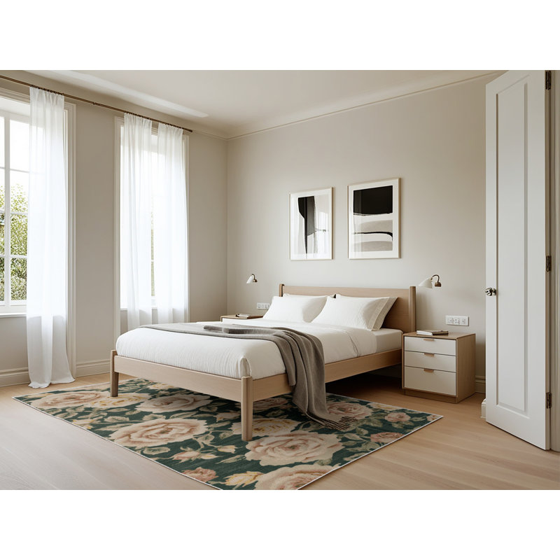 Tapis botanique beige lavable à la machine, Rectangle 5 pi x 7 pi