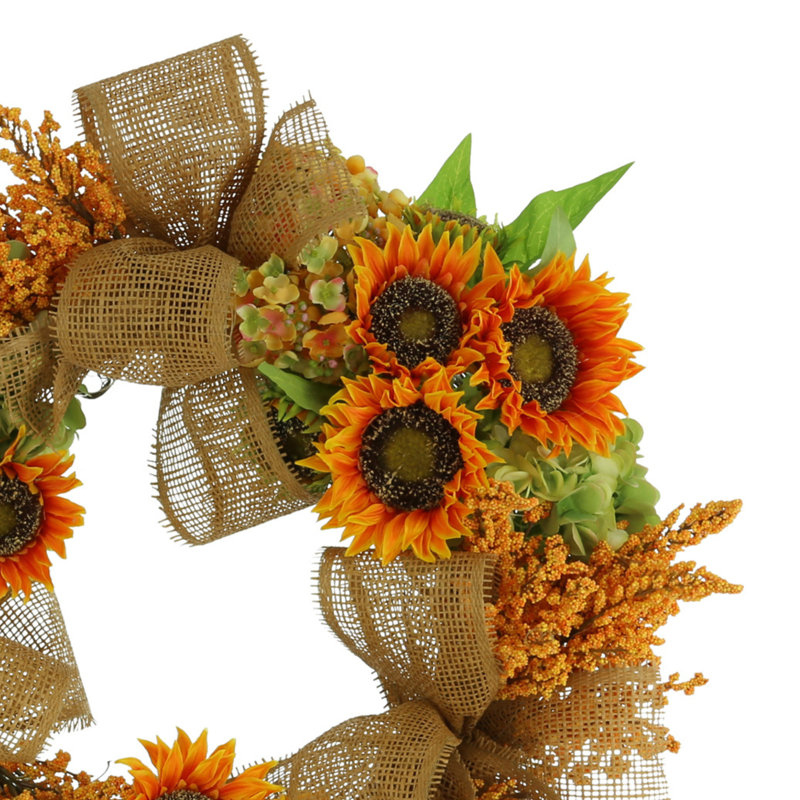 26" Sunflower, Hydrangea And Heather Fall Wreath With Burlap Bows