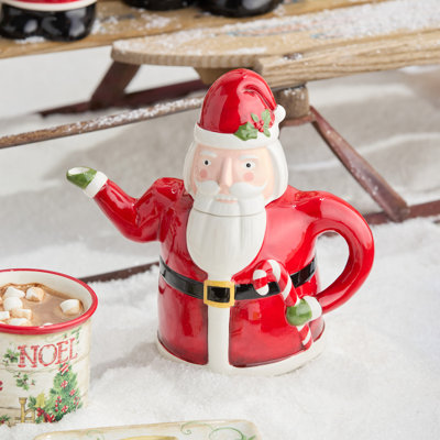 Théière en forme de père Noël 3D en céramique casse-noisette - théière festive sculptée avec poignée de canne en sucre