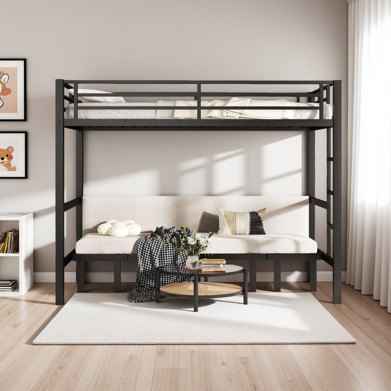 Twin XL Over Twin XL Size Pull-Out Metal Bunk Bed, Lower Bunk Can Be Pulled Out In Three Sections, Top Bunk Equipped With Safety Rails