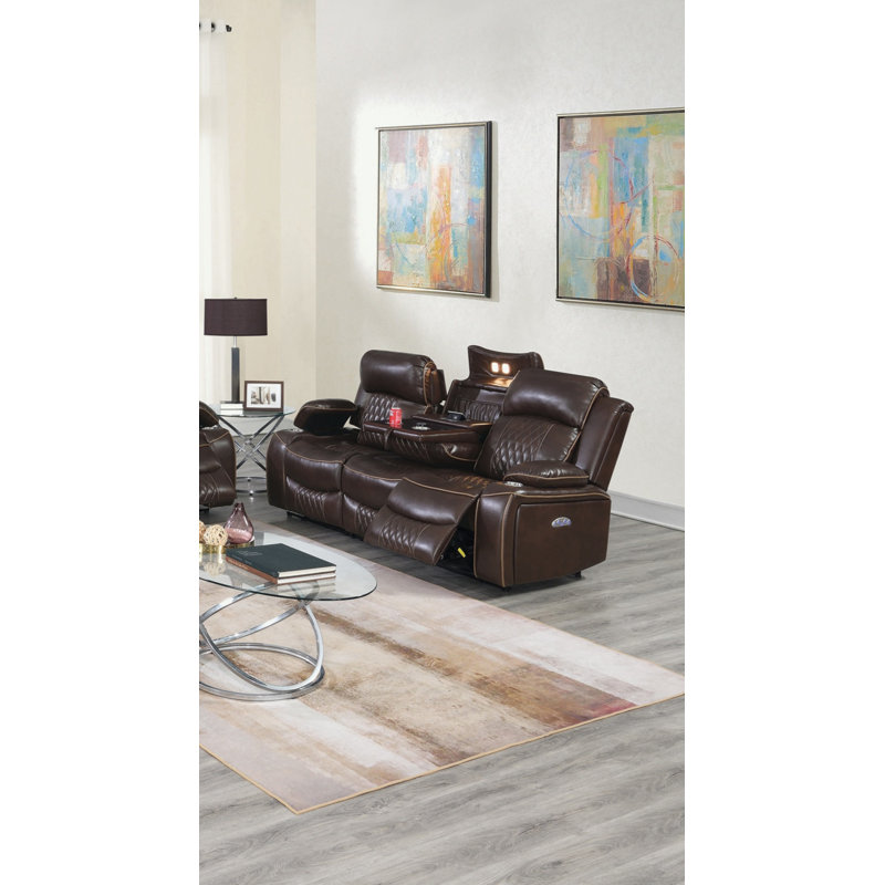 Power Motion Sofa 1Pc Contemporary Gel Leatherette Storage Arms W Cup Holder Living Room Furniture, Brown