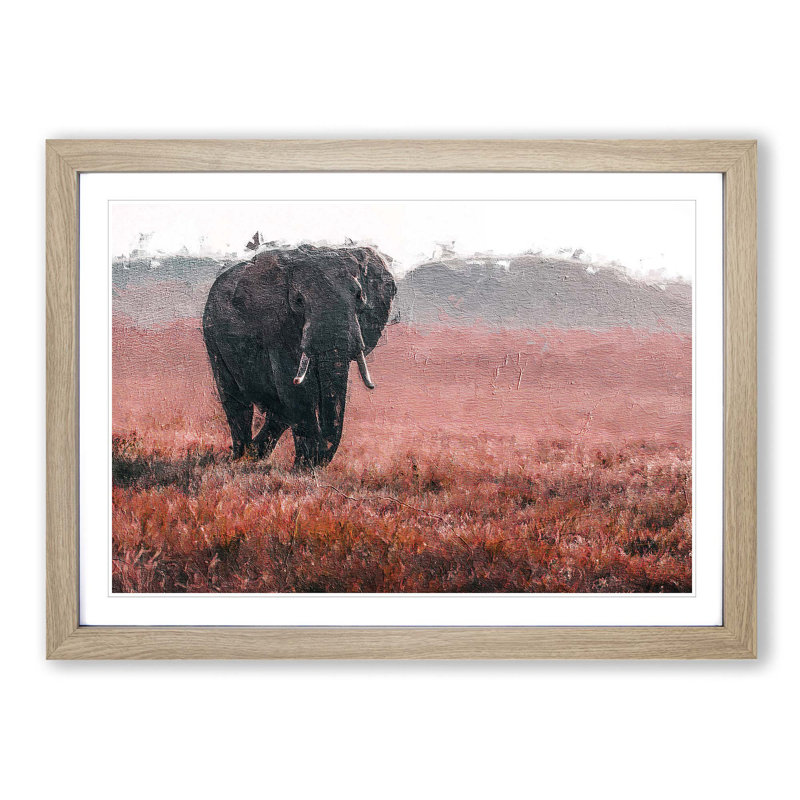 Marching Elephant in Abstract - Picture Frame Painting Print, Oak Framed, 27cm H x 36cm W x 2cm D