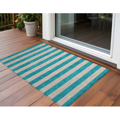 2' X 3' Turquoise Striped Washable Non Skid Indoor Outdoor Area Rug