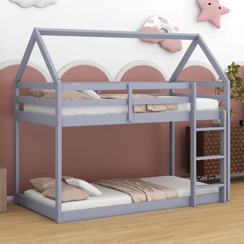 Twin Over Twin House-Shaped Rubber Wood Floor Bunk Bed – Ladder & Guardrails Included, Gray