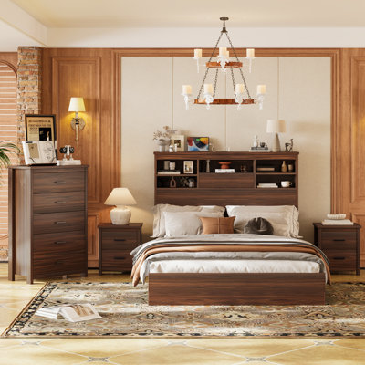 Ensemble de chambre à coucher 4 pièces avec grand lit, tête de rangement et station de charge, 2 tables de chevet, 1 commode, noyer