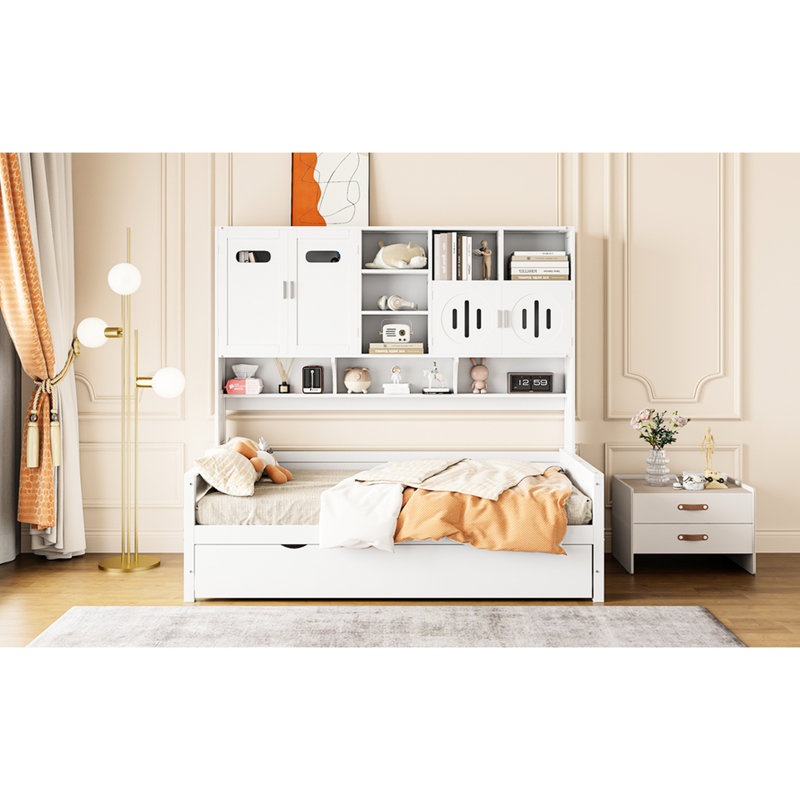 Twin Size Daybed With Trundle And Cabinet, Pinewood Frame - Natural White Wood Shelf Cabinet Stable Space Maximizing Bed