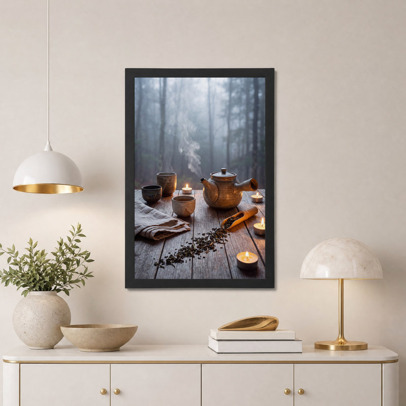 Théière en céramique et feuilles de thé en feuilles dans la forêt brumeuse, art mural, H 36 po x l 24 po