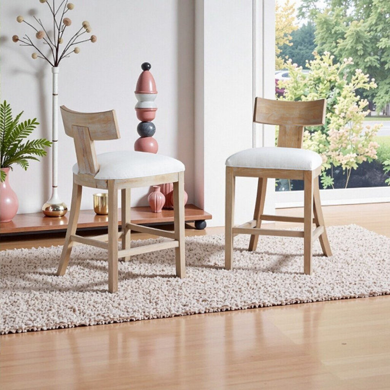 Ensemble de 2 tabourets de comptoir rembourrés en bois d'hévéa massif avec dossier et repose-pieds, Beige + naturel