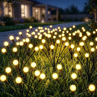 BAOKALER 8 Pack Outdoor Decorative Garden Lights, 8-Head Solar Firefly Lights Waterproof, High Flexibility Iron Wire with Heavy-Duty Bulb Base, Warm White Round Bulb Design