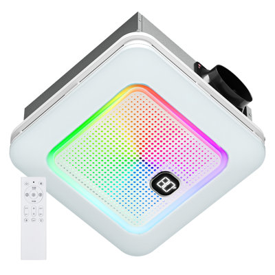 Ventilateur de salle de bain pour salle de bain avec haut-parleur Bluetooth, ventilateur d'extraction de salle de bain 1,0 pi³ 230 watts avec lumière, 3 lumières dynamiques, 7 couleurs DEL, 3 températures de couleur, veilleuse, synchro musicale, tél?