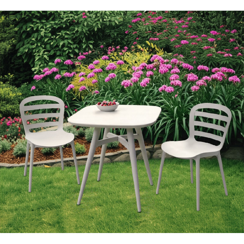 Bistro Set Outdoor with Stackable Garden Chairs 3 Pieces All Weather PP Chair and Table Sets for Deck Balcony Poolside (White)