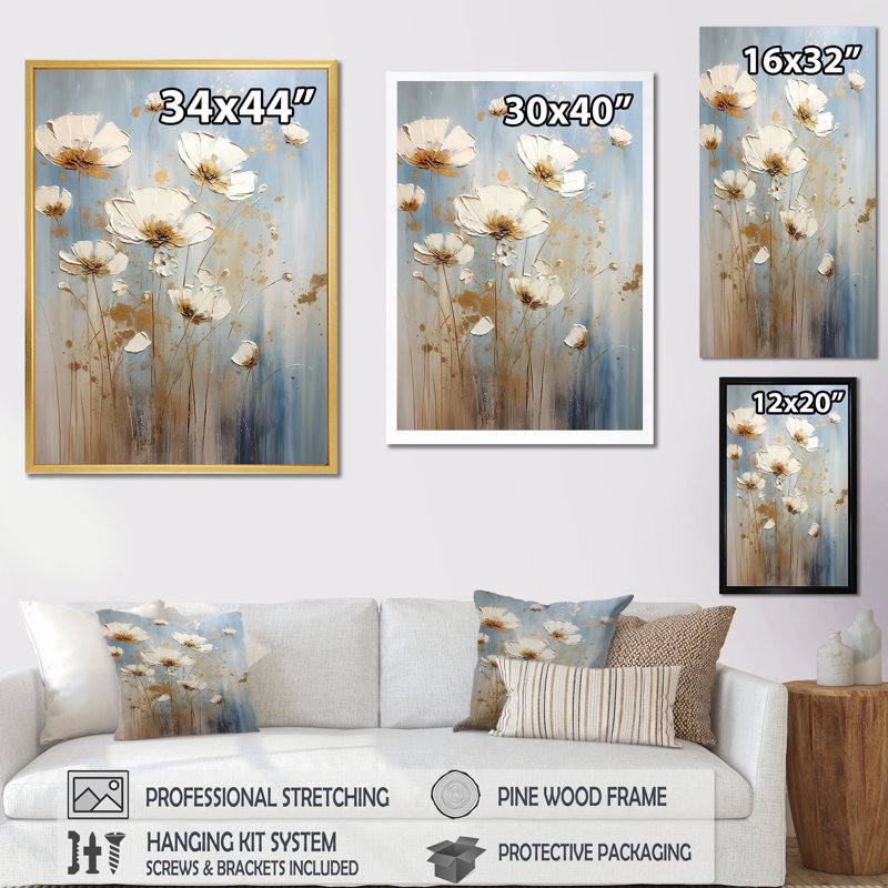 Fleurs sauvages beiges élégance florale sur toile, Toile tendue, H 20 po x l 12 po x P 1 po