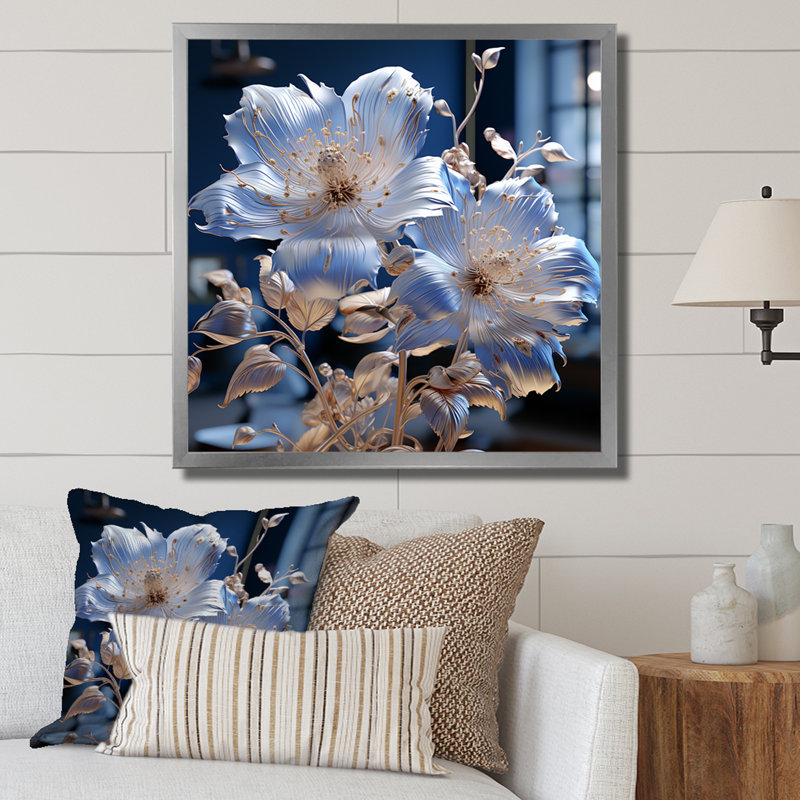 Céleste harmonie florale sur toile, H 16 po x l 16 po x P 1 po, Cadre simple argenté