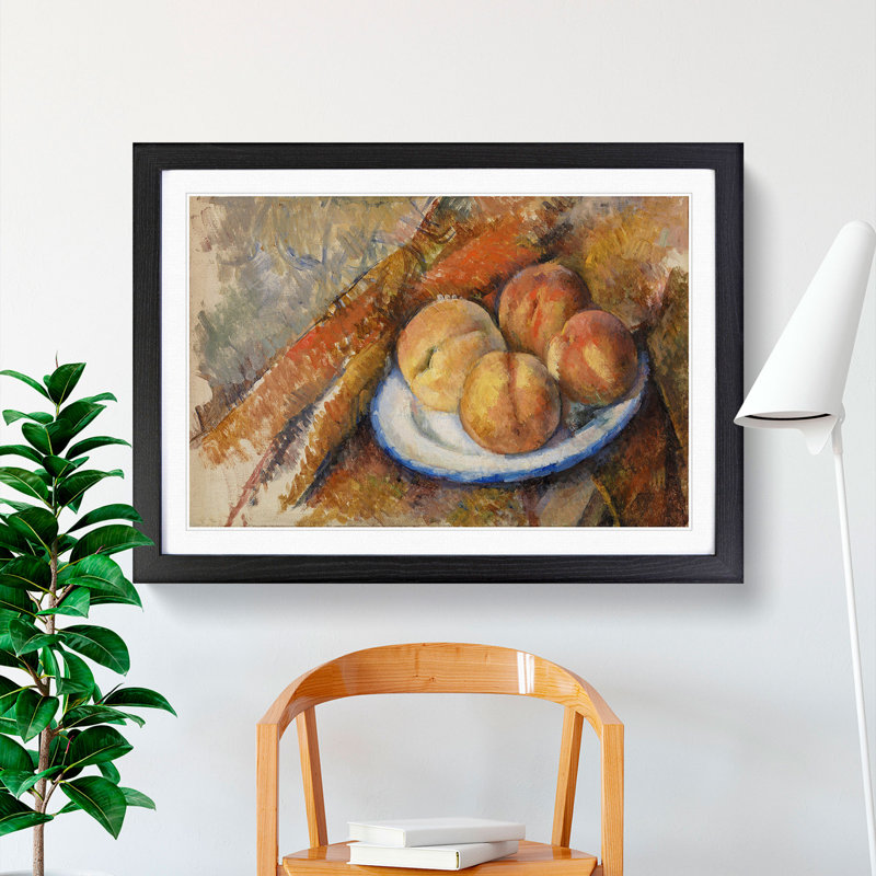 Four Peaches on a Plate by Paul Cezanne - Picture Frame Painting, 48cm H x 65cm W x 2cm D, Black Framed