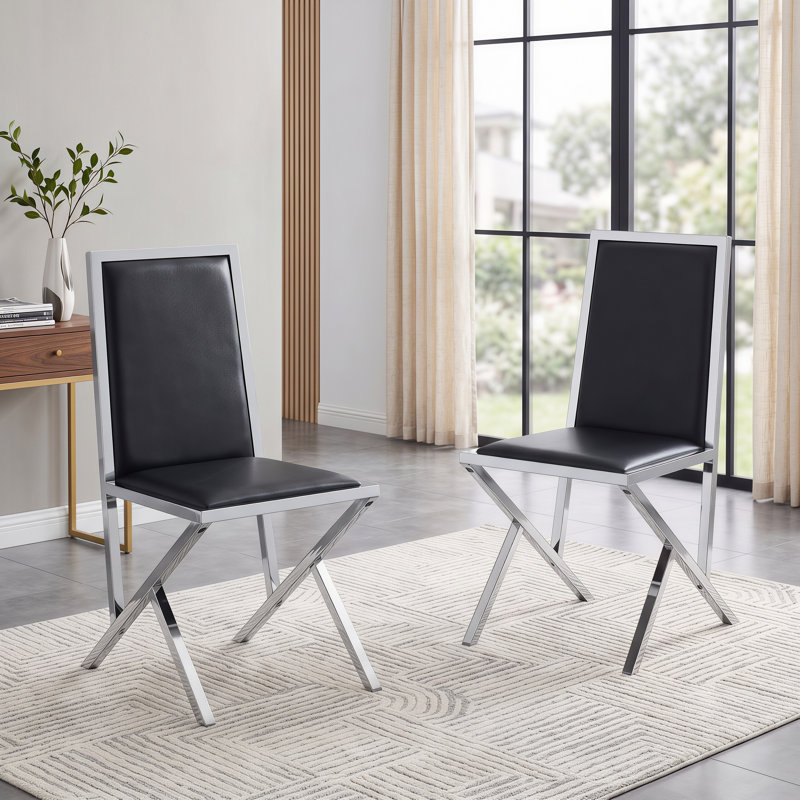 Ensemble de 2 chaises rembourrées en cuir polyuréthane avec structure en métal, 2, Noir, Argent
