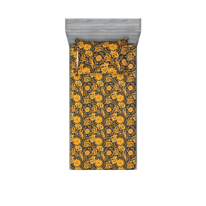 Ambesonne Fitted Sheet & Shams, Twin Sheet Set with 1 Pillowcase, Marigold/Charcoal Gray Damask