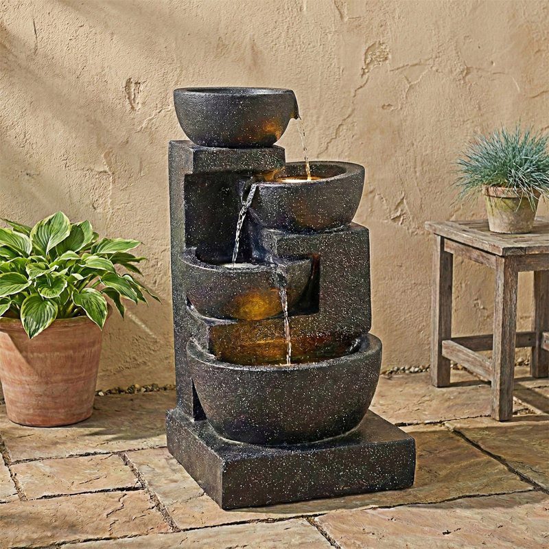 LED Outdoor Indoor Water Fountain With Cascading Bowls And Stacked Stones
