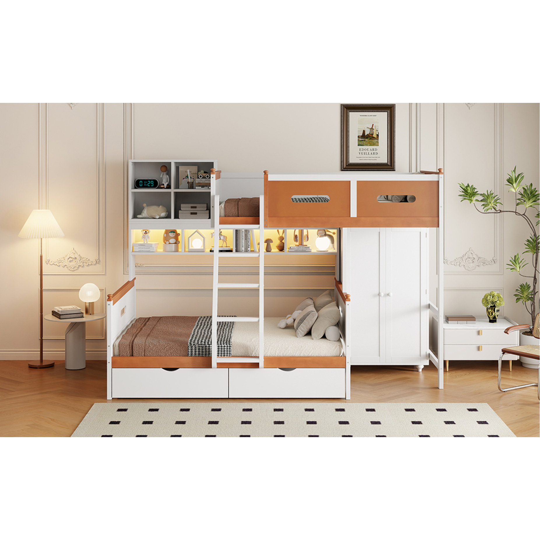 Harriet Bee Twin Over Full Bunk Bed With Drawers And Shelves, White ...