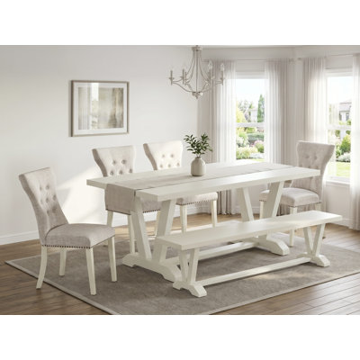 Ensemble de table de salle à manger 6 pièces - 4 chaises de salle à manger Parson avec siège en tissu de lin et dossier capitonné à boutons en lin brossé blanc