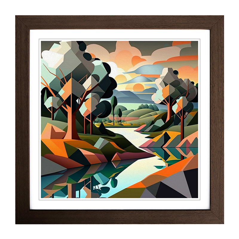Landscape Cubism No.1 - Single Picture Frame Print on Wood, Walnut
